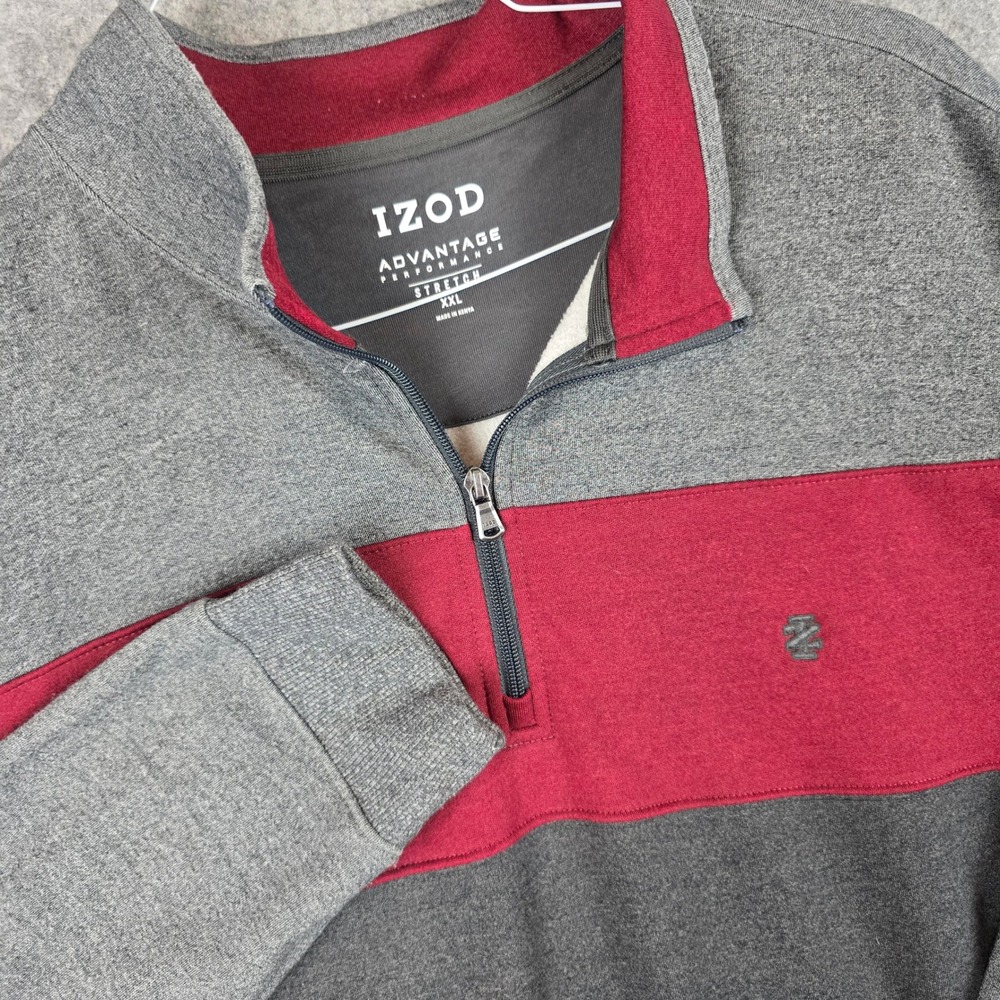 IZOD Advantage Performance 1/4 Zip Mens XXL Gray Burgundy Stripe Stretch